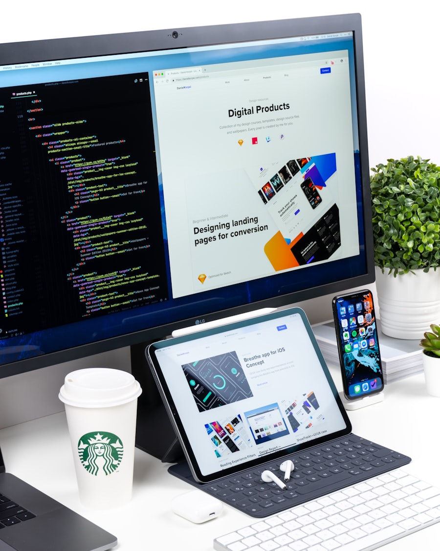 Web designer building a corporate brand website on multiple screens